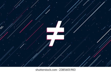 Large white not equal symbol framed in red in the center. The effect of flying through the stars. Vector illustration on a dark blue background with stars and slanted lines