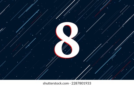 Large white number eight symbol framed in red in the center. The effect of flying through the stars. Vector illustration on a dark blue background with stars and slanted lines