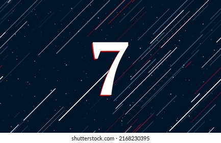 Large white number seven symbol framed in red in the center. The effect of flying through the stars. Vector illustration on a dark blue background with stars and slanted lines