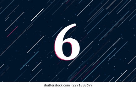 Large white number six symbol framed in red in the center. The effect of flying through the stars. Vector illustration on a dark blue background with stars and slanted lines