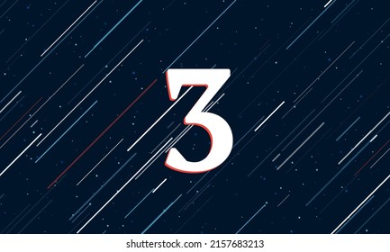 Large white number three symbol framed in red in the center. The effect of flying through the stars. Vector illustration on a dark blue background with stars and slanted lines
