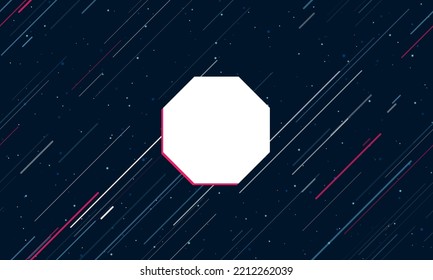 Large white octagon symbol framed in red in the center. The effect of flying through the stars. Vector illustration on a dark blue background with stars and slanted lines