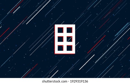 Large white office building symbol framed in red in the center. The effect of flying through the stars. Seamless vector illustration on a dark blue background with stars and slanted lines