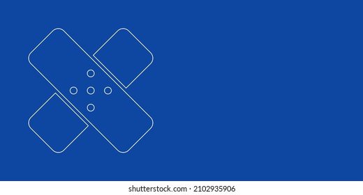 A large white outline adhesive plaster symbol on the left. Designed as thin white lines. Vector illustration on blue background