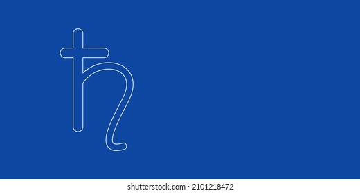 A large white outline astrological saturn symbol on the left. Designed as thin white lines. Vector illustration on blue background