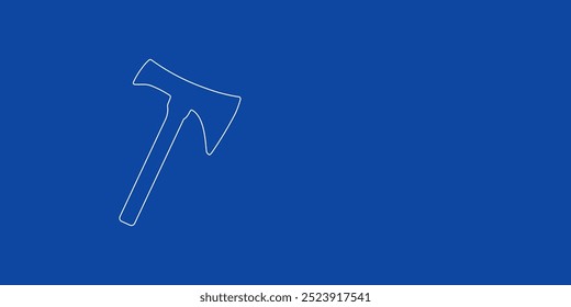 Un Grande símbolo de hacha de contorno blanco a la izquierda. Diseñado como líneas blancas delgadas. Ilustración vectorial sobre fondo azul