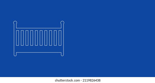 A large white outline baby cot symbol on the left. Designed as thin white lines. Vector illustration on blue background