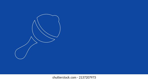 A large white outline baby rattle symbol on the left. Designed as thin white lines. Vector illustration on blue background