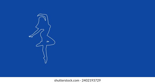 A large white outline ballerina symbol on the left. Designed as thin white lines. Vector illustration on blue background