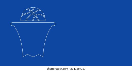 A large white outline basketball symbol on the left. Designed as thin white lines. Vector illustration on blue background