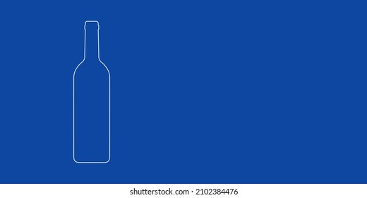 A large white outline beer bottle symbol on the left. Designed as thin white lines. Vector illustration on blue background
