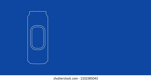 A large white outline beer can symbol on the left. Designed as thin white lines. Vector illustration on blue background