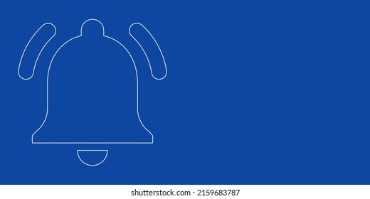 A large white outline bell symbol on the left. Designed as thin white lines. Vector illustration on blue background