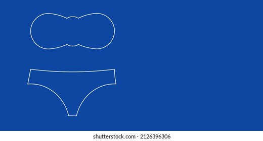 A large white outline bikini symbol on the left. Designed as thin white lines. Vector illustration on blue background