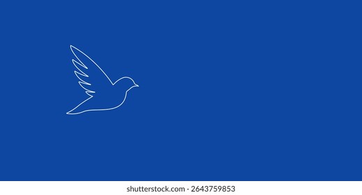A large white outline bird symbol on the left. Designed as thin white lines. Vector illustration on blue background