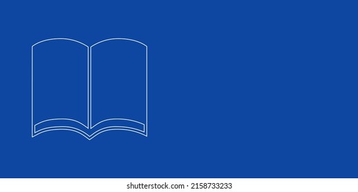 A large white outline book symbol on the left. Designed as thin white lines. Vector illustration on blue background