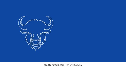 A large white outline buffalo head on the left. Designed as thin white lines. Vector illustration on blue background