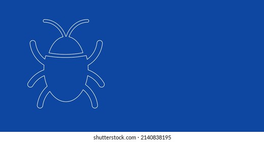 Un gran símbolo de error de contorno blanco a la izquierda. Diseñado como líneas blancas delgadas. Ilustración vectorial sobre fondo azul
