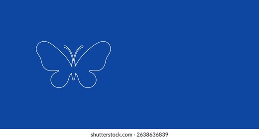 A large white outline butterfly symbol on the left. Designed as thin white lines. Vector illustration on blue background