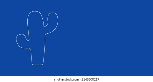 A large white outline cactus symbol on the left. Designed as thin white lines. Vector illustration on blue background