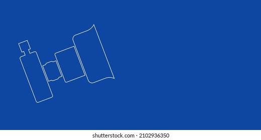 A large white outline camera symbol on the left. Designed as thin white lines. Vector illustration on blue background