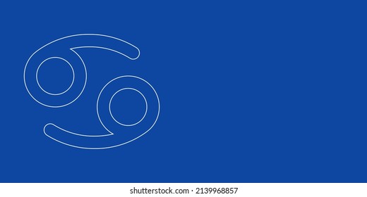 A large white outline cancer zodiac symbol on the left. Designed as thin white lines. Vector illustration on blue background