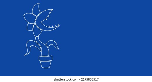 A large white outline carnivorous plant symbol on the left. Designed as thin white lines. Vector illustration on blue background