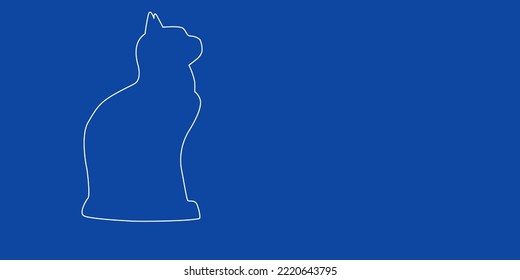 A large white outline cat symbol on the left. Designed as thin white lines. Vector illustration on blue background