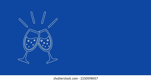 A large white outline champagne toast symbol on the left. Designed as thin white lines. Vector illustration on blue background
