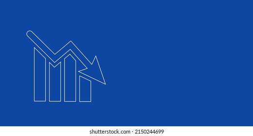 A large white outline chart down symbol on the left. Designed as thin white lines. Vector illustration on blue background