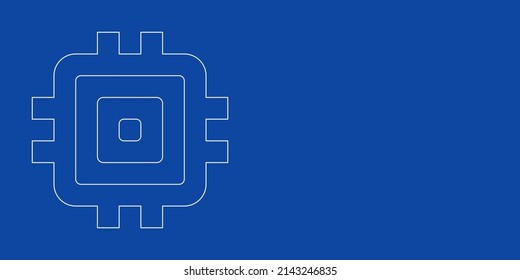 Un gran símbolo de chip de contorno blanco a la izquierda. Diseñado como líneas blancas delgadas. Ilustración vectorial sobre fondo azul