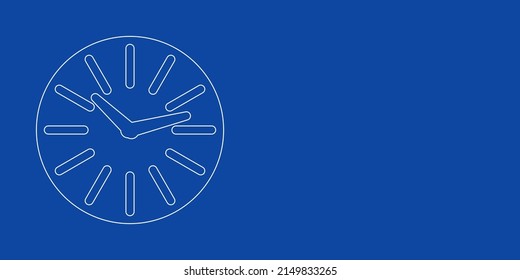 A large white outline clock symbol on the left. Designed as thin white lines. Vector illustration on blue background