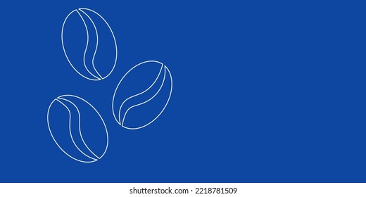 Un gran símbolo de granos de café de contorno blanco a la izquierda. Diseñado como líneas blancas delgadas. Ilustración vectorial sobre fondo azul