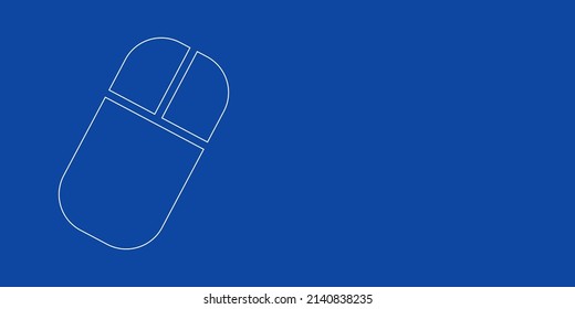 Un gran símbolo de ratón de computadora con contorno blanco a la izquierda. Diseñado como líneas blancas delgadas. Ilustración vectorial sobre fondo azul