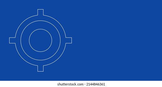 A large white outline crosshair symbol on the left. Designed as thin white lines. Vector illustration on blue background