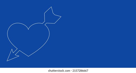 A large white outline cupid arrow symbol on the left. Designed as thin white lines. Vector illustration on blue background