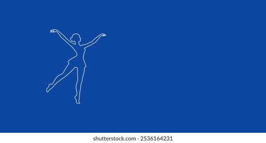 A large white outline dancing girl symbol on the left. Designed as thin white lines. Vector illustration on blue background