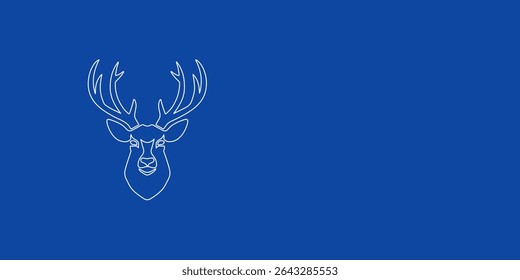 A large white outline deer head symbol on the left. Designed as thin white lines. Vector illustration on blue background