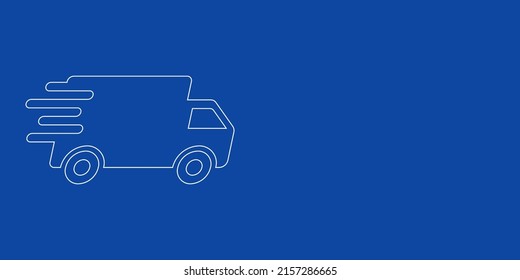 A large white outline delivery symbol on the left. Designed as thin white lines. Vector illustration on blue background
