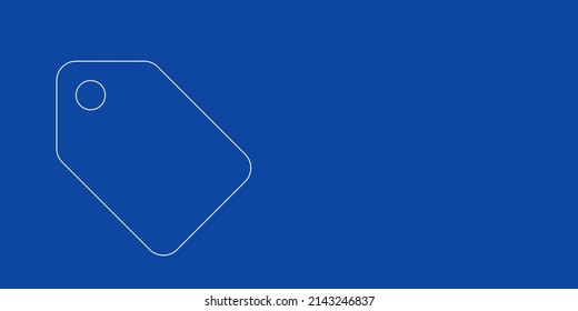 A large white outline discount label symbol on the left. Designed as thin white lines. Vector illustration on blue background