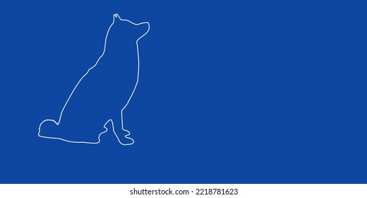 A large white outline dog symbol on the left. Designed as thin white lines. Vector illustration on blue background