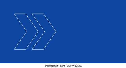 A large white outline double arrow symbol on the left. Designed as thin white lines. Vector illustration on blue background