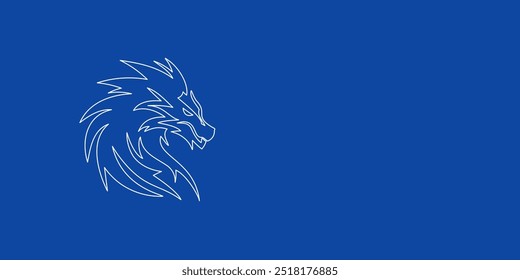 A large white outline dragon's head symbol on the left. Designed as thin white lines. Vector illustration on blue background