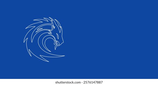 A large white outline dragon's head symbol on the left. Designed as thin white lines. Vector illustration on blue background