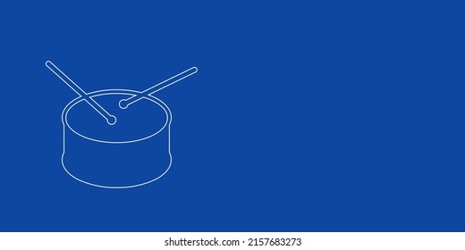 A large white outline drum symbol on the left. Designed as thin white lines. Vector illustration on blue background