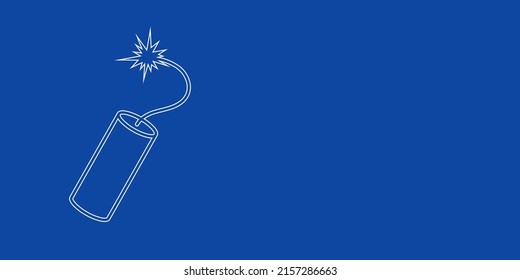 Ein großes, weißes, umrissenes Dynamitsymbol links. Entwickelt als dünne weiße Linien. Vektorgrafik auf blauem Hintergrund