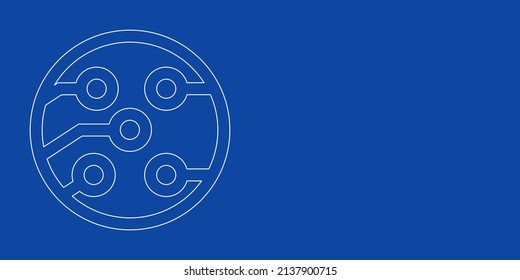 A large white outline electrical board symbol on the left. Designed as thin white lines. Vector illustration on blue background