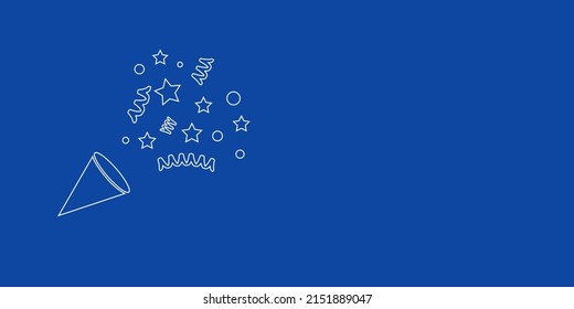 A large white outline exploding party popper on the left. Designed as thin white lines. Vector illustration on blue background