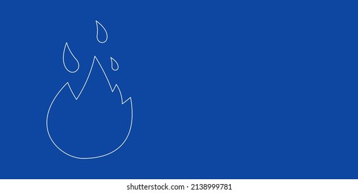 A large white outline fire symbol on the left. Designed as thin white lines. Vector illustration on blue background