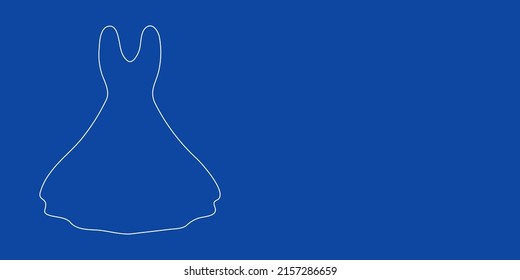 A large white outline flared dress symbol on the left. Designed as thin white lines. Vector illustration on blue background